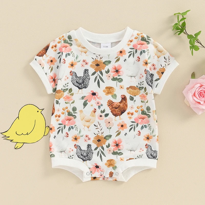 

Lioraitiin 0-18M Summer Baby Girls Boys Romper Floral Farm Hen Print Round Neck Short Sleeve Jumpsuits Casual Clothes