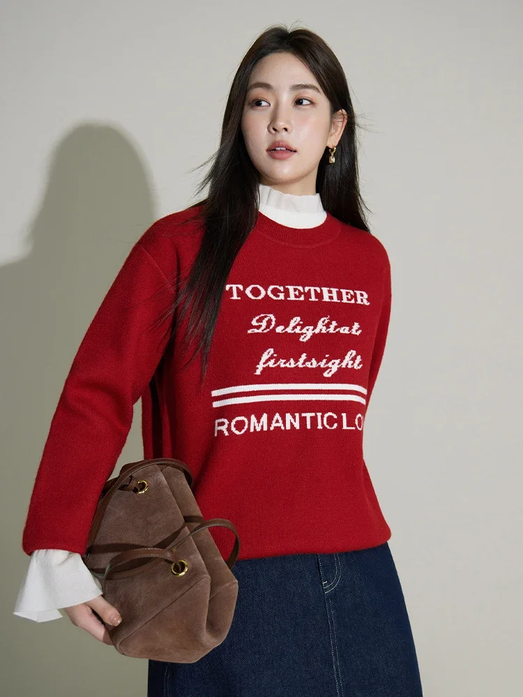 DUSHU Fashionable Style Contrasting Letter Loose Sweater for Women Winter New Exquisite Round Neck Pullover Sweater Female