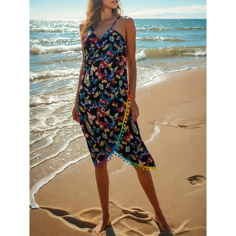 

Women's beach vacation style one-piece colorful butterfly print random print sleeveless mid-length dress cover-up