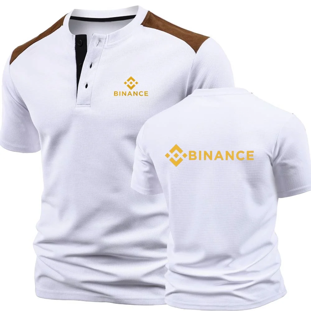 Binance Crypto Tshirt Color Block Button Henley Shirts Office Mens Daily Short Sleeve Tops Tee Stylish Waffle T Shirt Streetwear