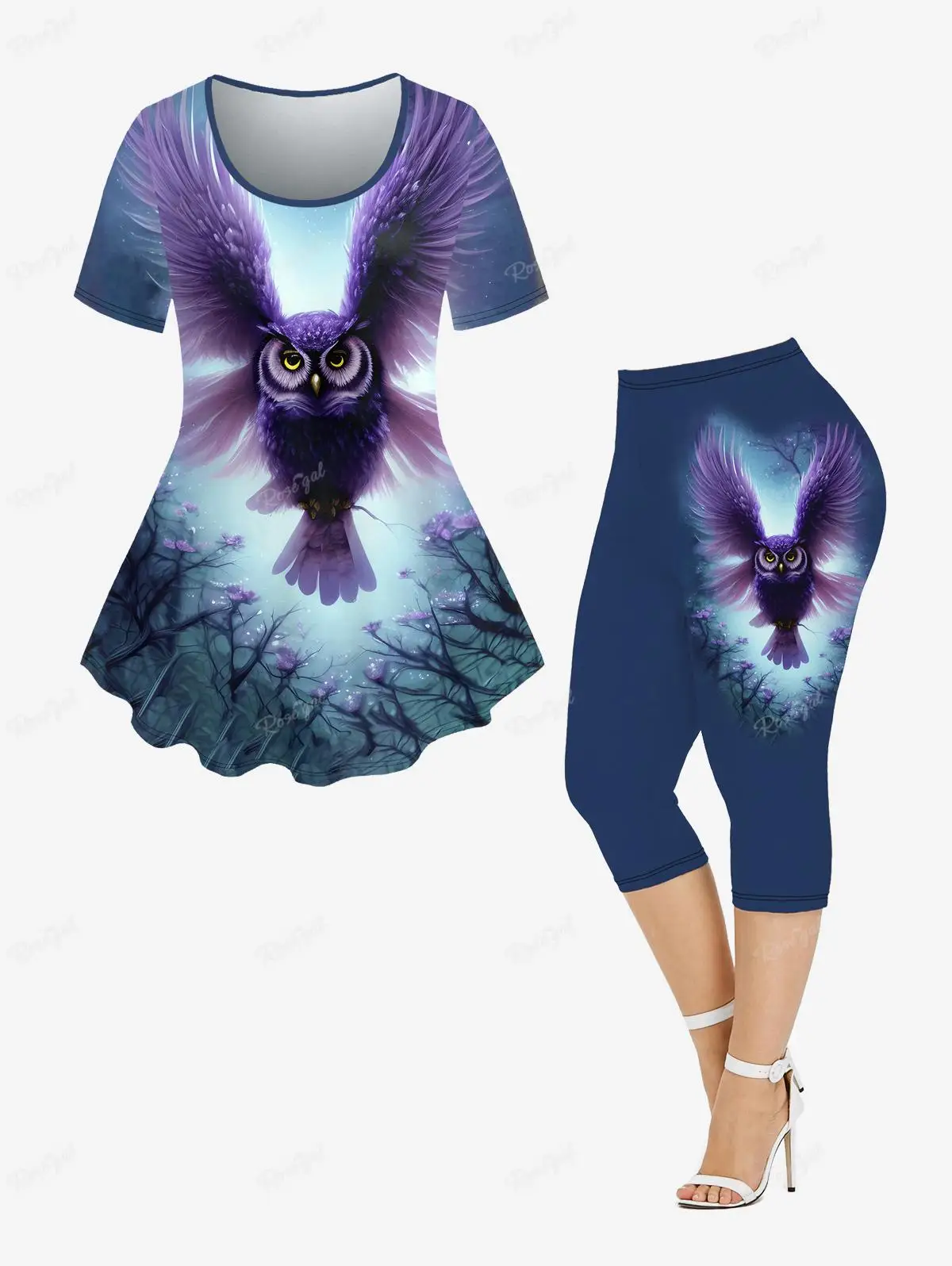 

T-shirt and Capri Leggings Plus Size Outfits conjuntos para mujeres 2 piezas women 신상투피스 Owl Tree Flower Print