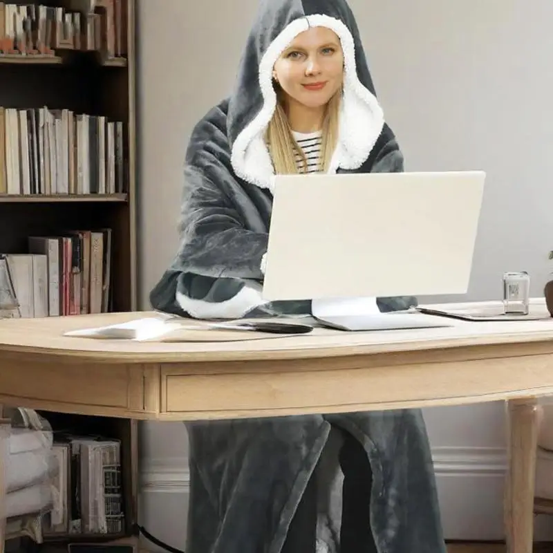 Wearable Heated Blanket with Sleeves and Hood Full Body Warmth Soft Fabric for Home Use D2RD