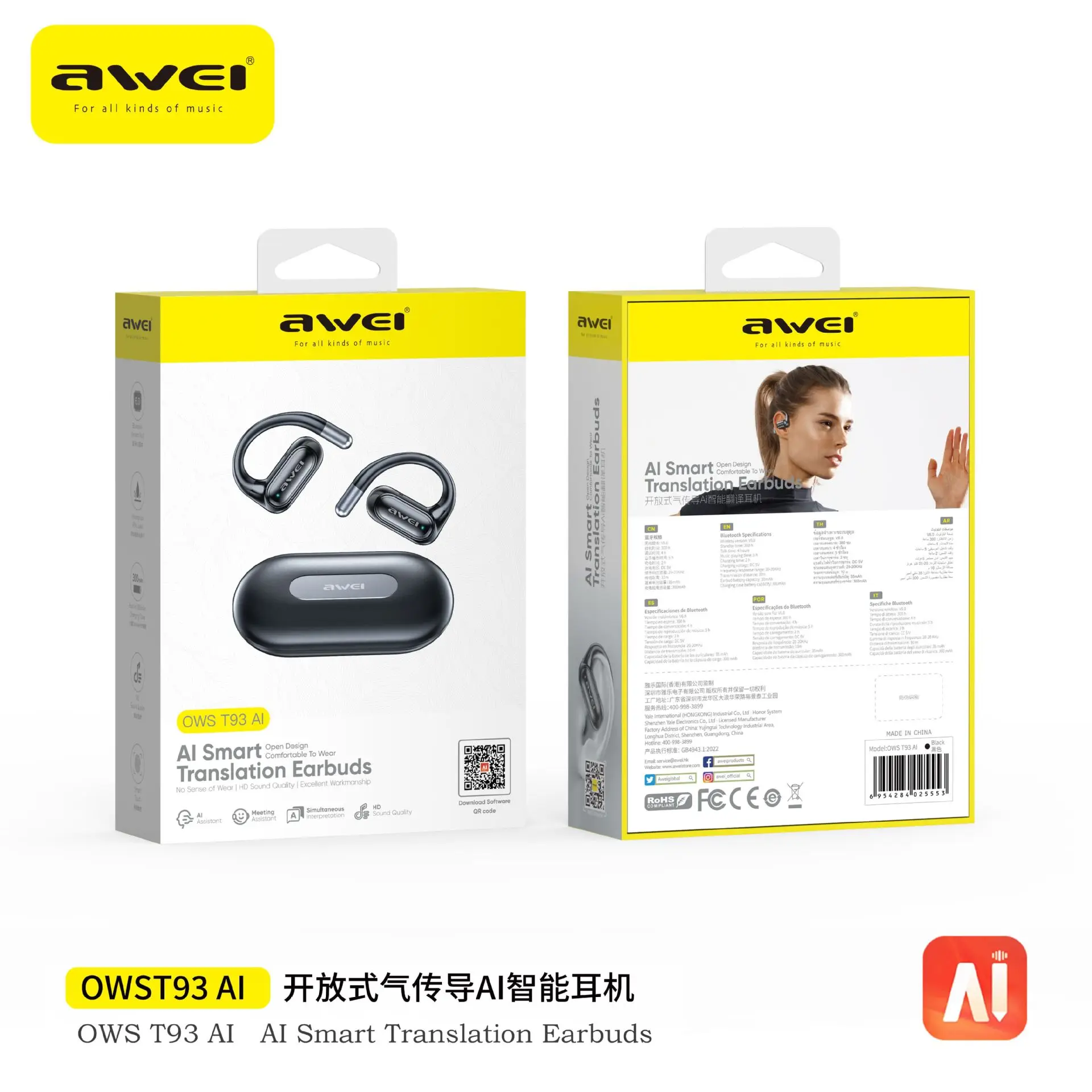 AWEI T93 Vertalingsoordopjes Realtime Bluetooth 5.3 OWS 2026 Draadloze Stereo Earhook Oordopjes voor Gesprekken, Sport, Reizen, IPX6