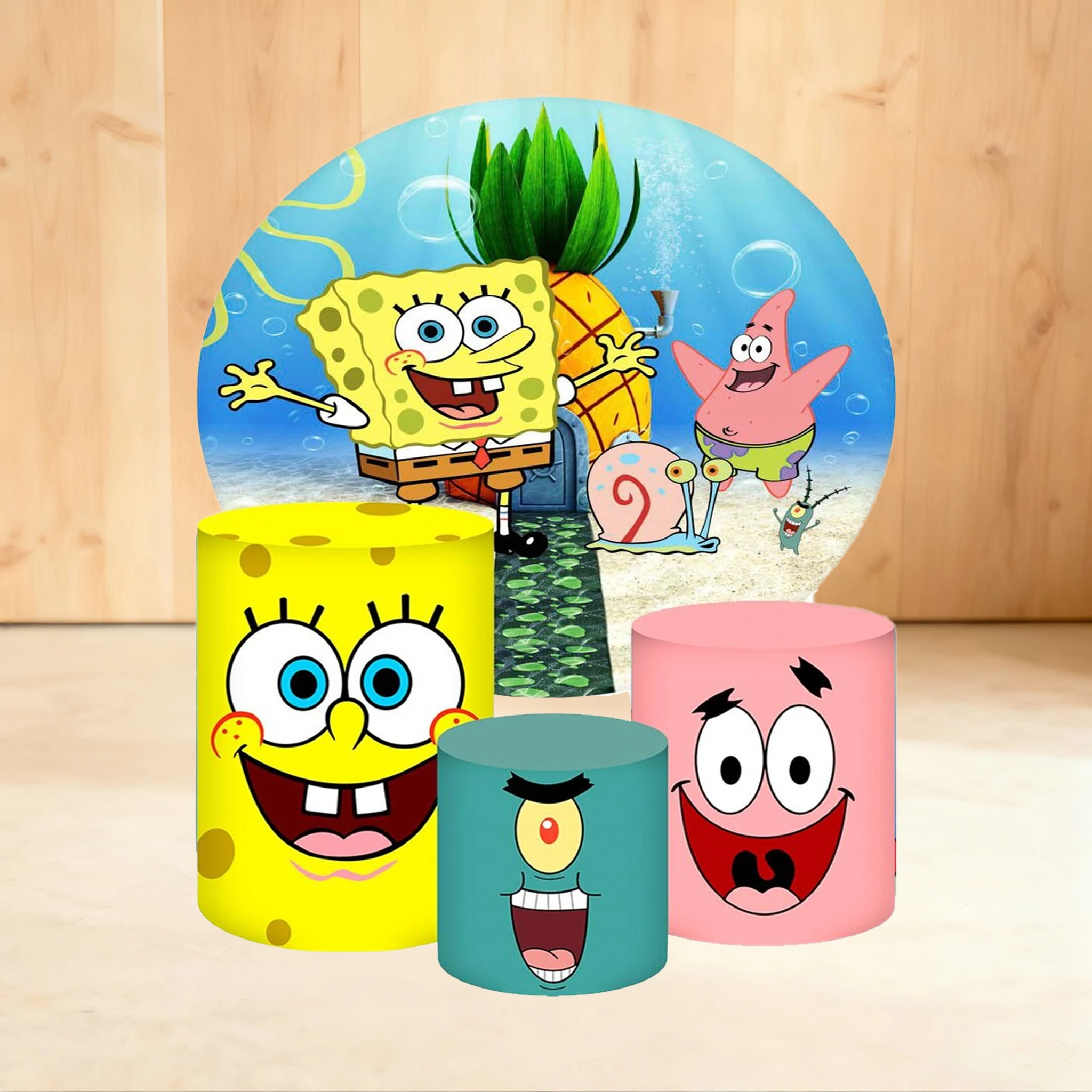 

SpongeBob Pineapple House Cylinder Cover Background Custom Patrick Star Beach Kid Happy Birthday Party Baby Shower Round Poster