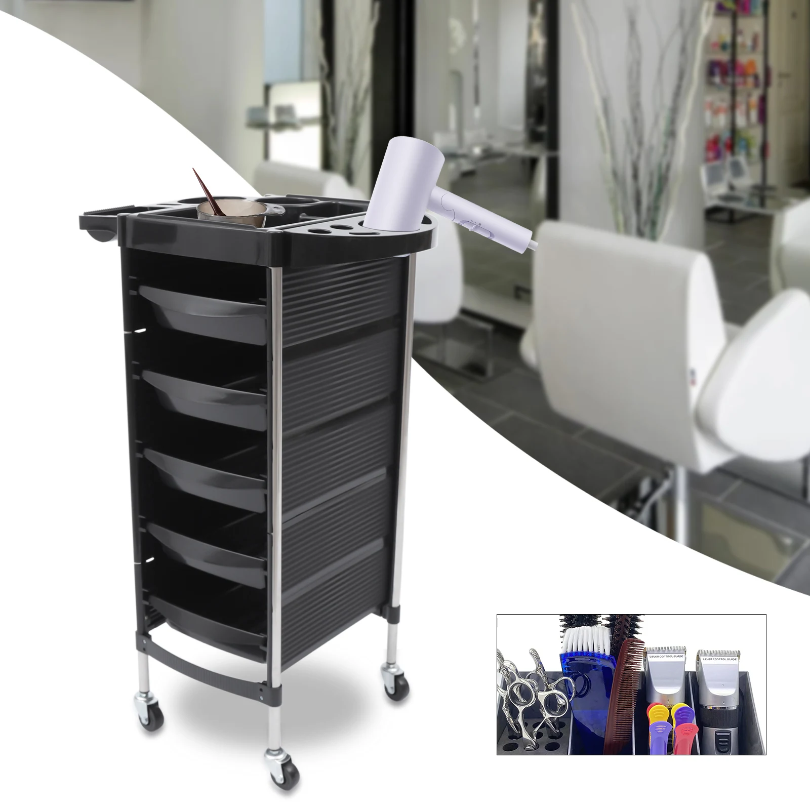 Hair Salon Trolley, 6 Tier Silent Rolling Beauty Salons Cart Hairdresser Storage Trolley Beauty Maintenance Cart With 5 Drawers