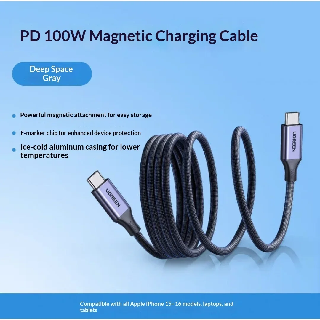UGREEN L520 Magnetic USB C Cable 1m PD 100W Retractable Braided for iPhone 17 16 15 Tablet Android