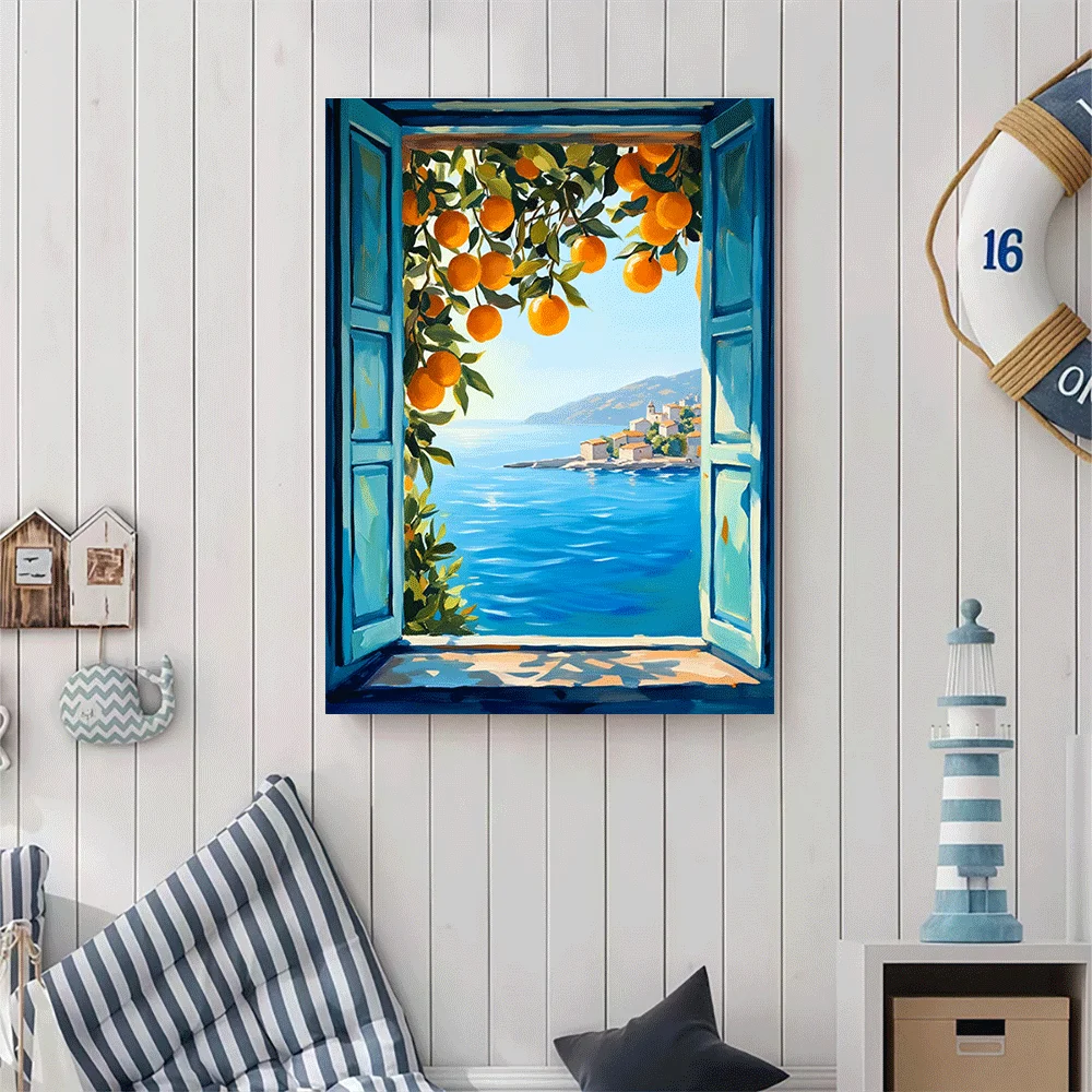 1PC-Unframed Canvas poster wall decoration  Mediterranean Sea View Orange Tree Window Scene Coastal Landscape Art Print