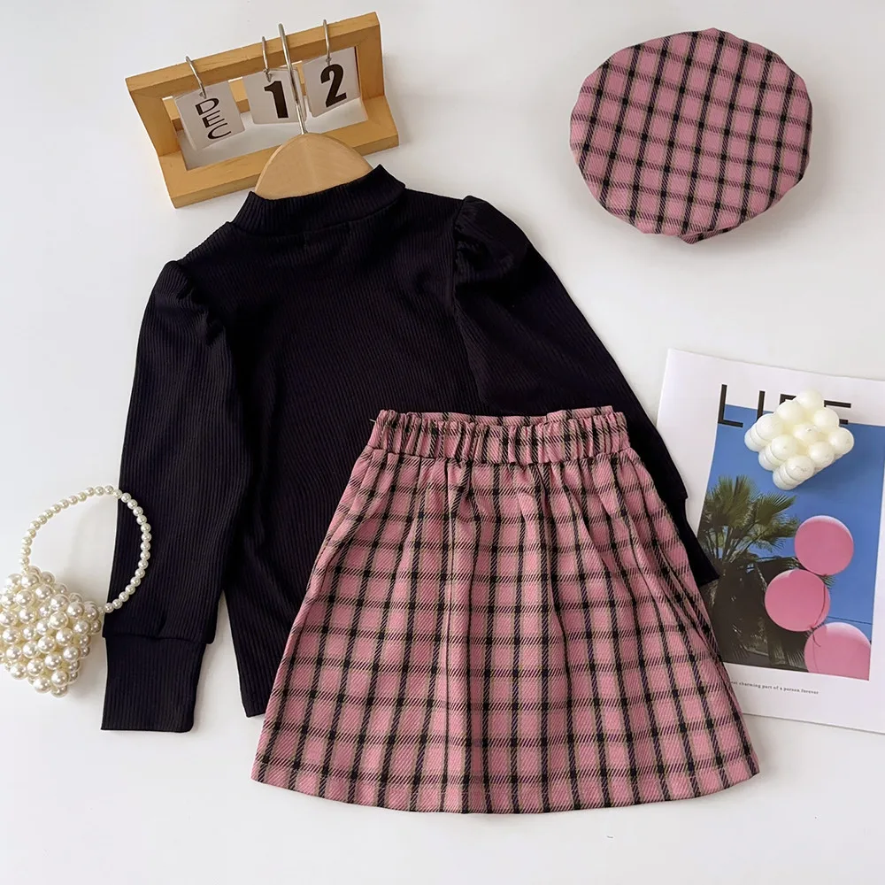 Bear Leader Autumn Girls Three Piece Clothes Set Solid Color High Neck Base Shirt+Plaid Skirt+Hat Suit Kids Clothing Outfits