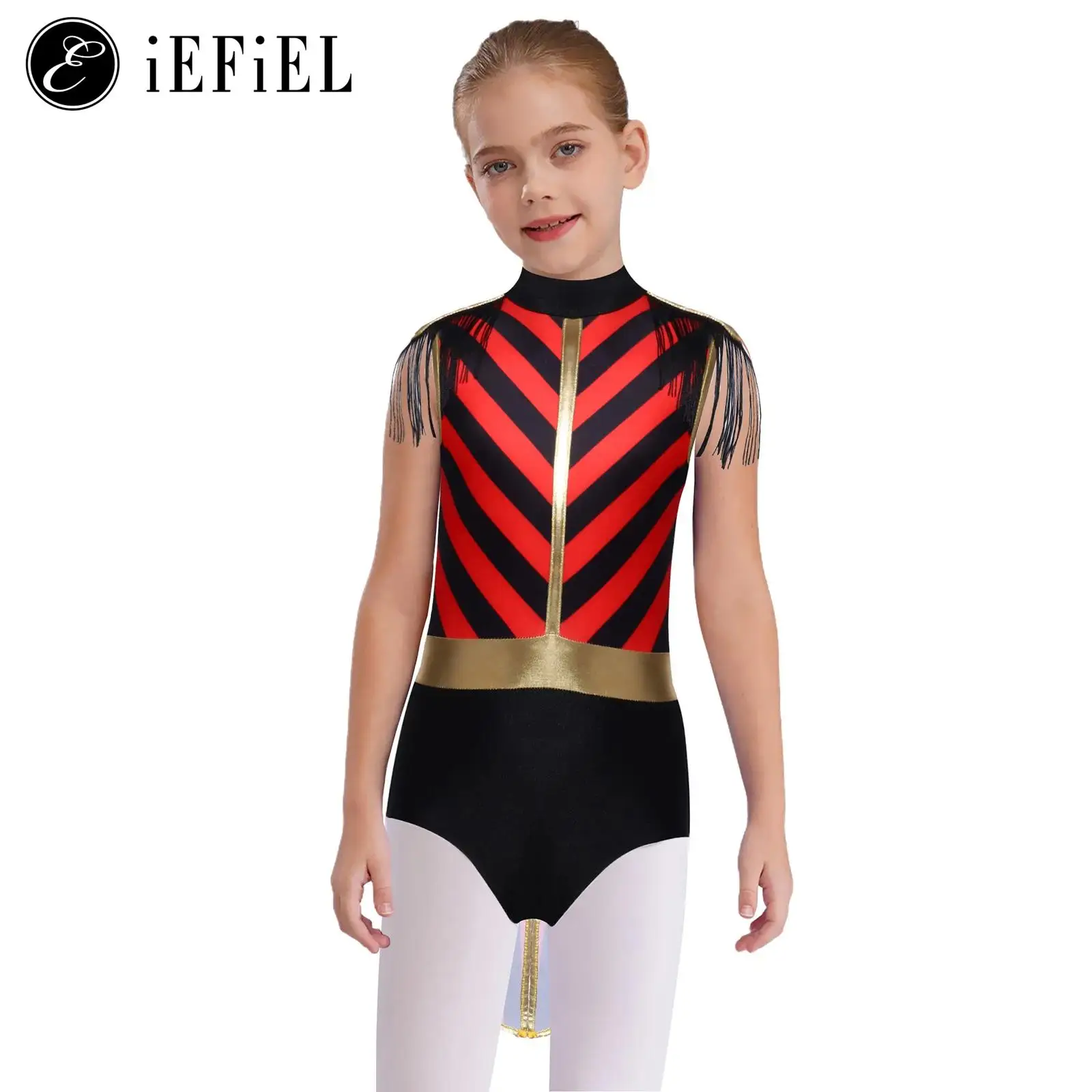

Girls Circus Show Ringmaster Dance Costume Lion Tamer Cosplay Dress-up Sleeveless Striped Tassel Shoulder Tank Leotard Tailcoat