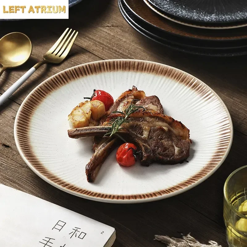 1PC Japanese Striped Flat Plate Ceramic Steak Western Plate High-end Commercial Café Tableware Household Goods