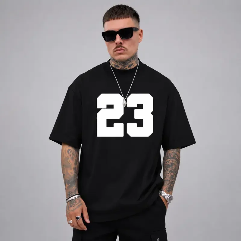 Black 23 Graphic T Shirt Men's Retro Athletic Streetwear Tee Oversized Casual Sports Shirt Vintage Number Style Top