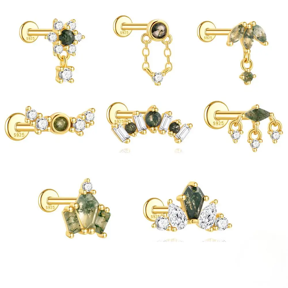 

925 Sterling Silver 18K Gold Plated Geometric Moss Agate Flat Back Earrings Luxury Party