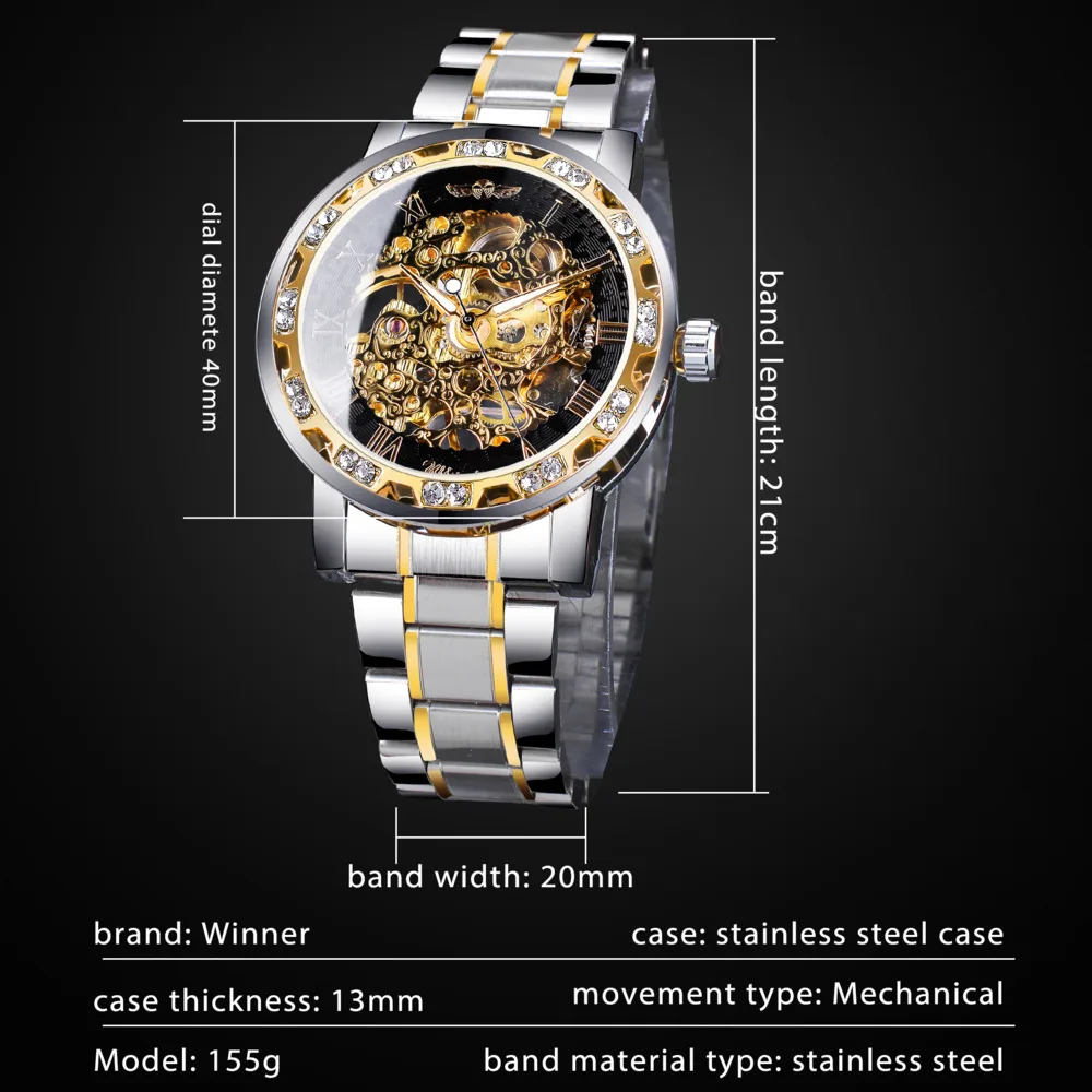 Mechanical Watch For Men Transparent Fashion Diamond Luminous Pointer Royal Design Luxury Steel Band Men Watch Reloj Hombre