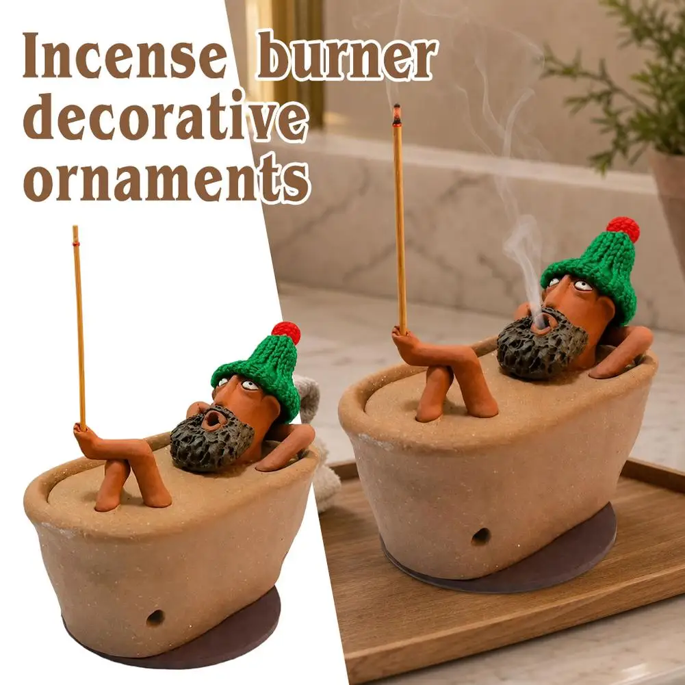 Bathtub Man Incense Stick Holder With Bearded Figure And Green Hat Whimsical Home Decor Ornament For Decorative Tabletop Display