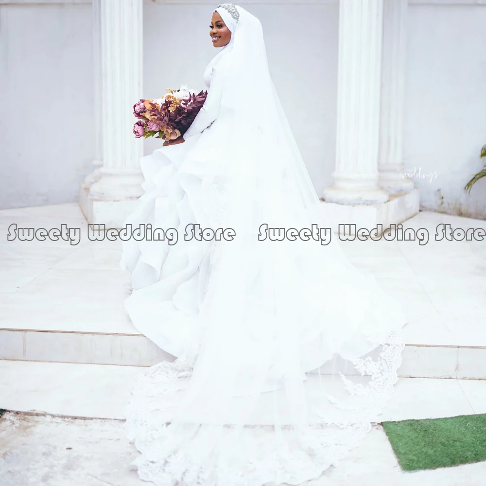 Gaun pengantin Muslim sederhana gaun pesta Organza Ruffles leher O lengan panjang putih gaun pengantin gaun Afrika No ajab