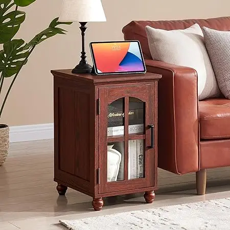 

Side Table,armhouse Nightstand with Charging Station,Wood End Table with Glass Barn Door Storage, Cabinet Organizer with