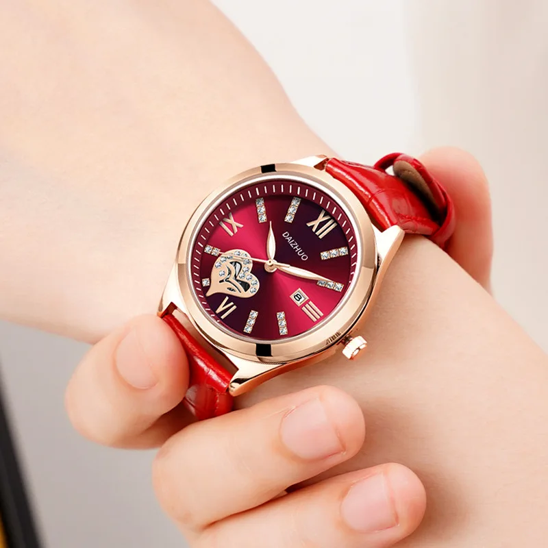 UTHAI Women\'s Watch Elegant Light Luxury Red Leather Love Waterproof Calendar Ladies Fashion Quartz Watches Valentine\'s Day Gift