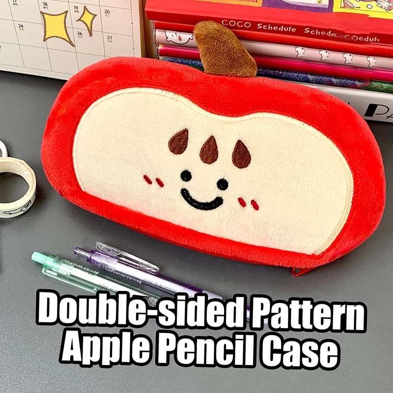 

Cute Apple Pencil Bag Plush Pencil Case Cartoon Double-sided Embroidered Pen Bag Stationery Organizer Cosmetic Bag Kid Gift