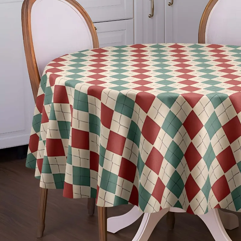 2D flat tablecloth 1 piece. Bohemian style round polyester tablecloth, with red and green diamond patterns.zyc