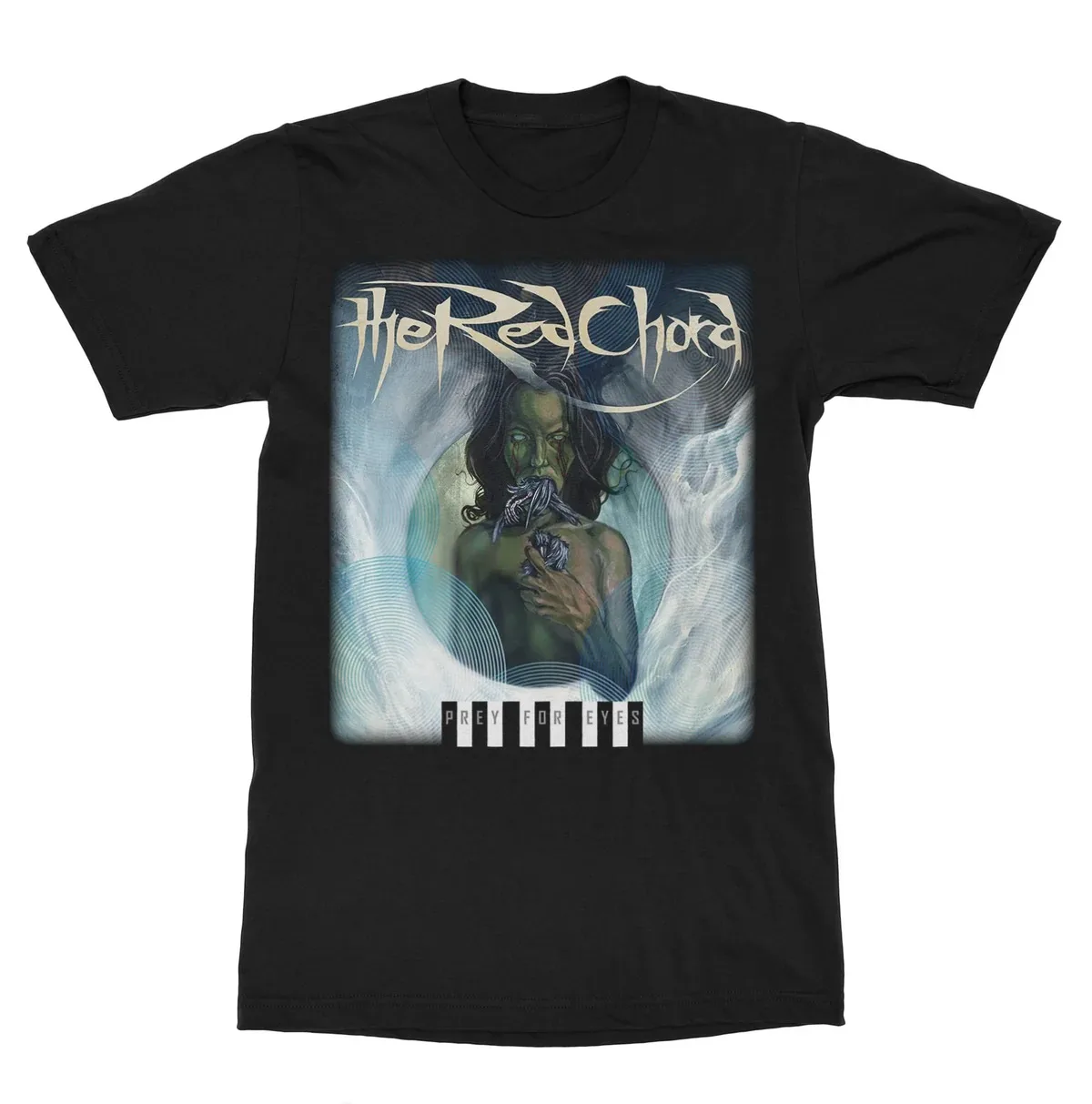 The Red Chord Prey for Eyes Album Cover Print T Shirt, Dark Surreal Artwork of Mysterious Figure with Worm Creature Graphic