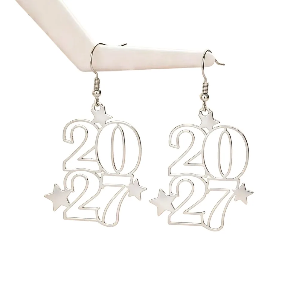 Elegant 2027 Digital Earrings Long Drop Metal Iron Happy New Year Earrings Hollowed-out Fashion Star Design Stud Earrings Travel