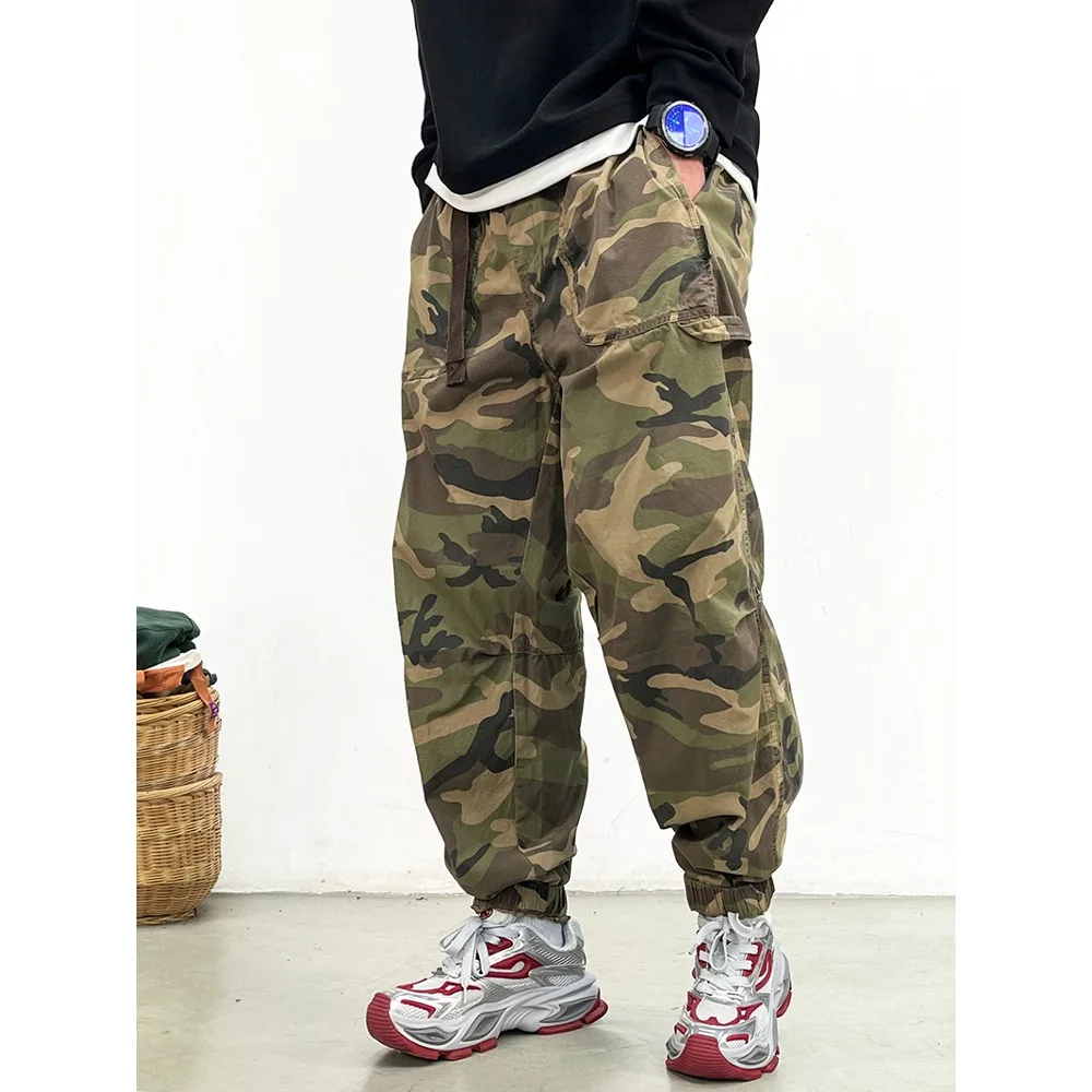 American Style Vintage Camouflage Work Pants Men's Loose Casual Trousers Spring Autumn High Street Loose Fit Cuffed Long Trou...