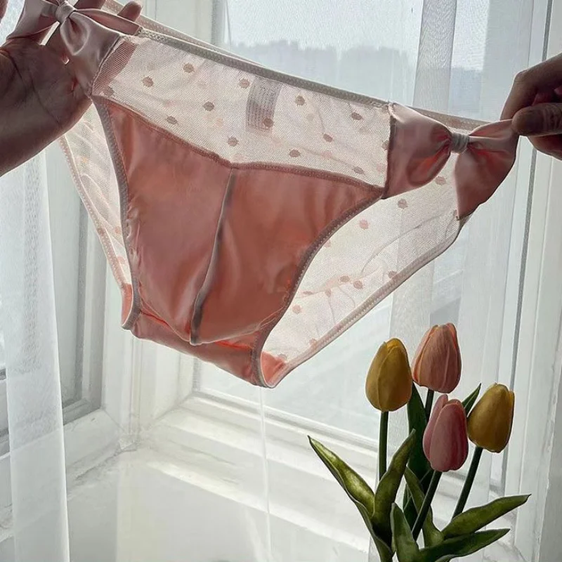 French Satin Lace Traceless Sweet Men Panties Glossy Smooth Breathable Briefs Sissy Erotic Mesh Cross-dressing Sexy Lingerie﻿﻿﻿﻿
