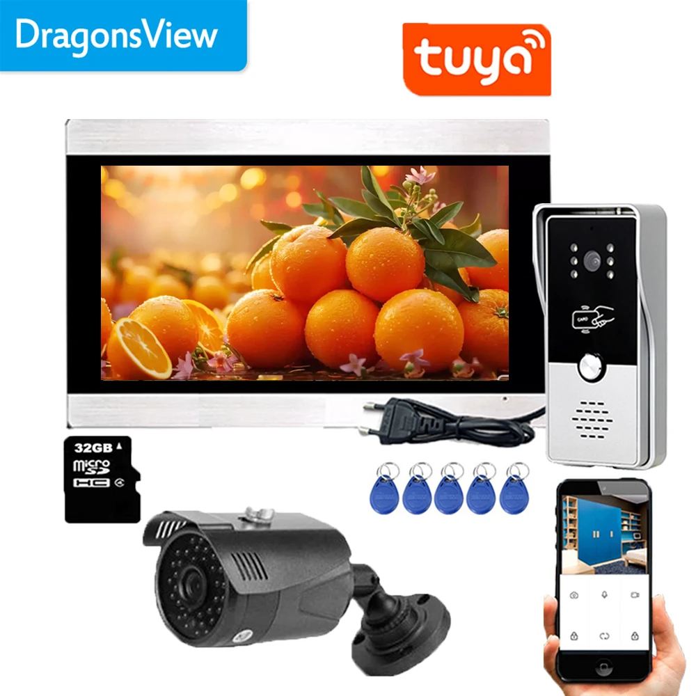 Dragonsview-telefone inteligente com tela sensível ao toque de 7 polegadas, wi-fi, vídeo porteiro, sem fio, 1080p, rfid, campainha, câmera, detecção