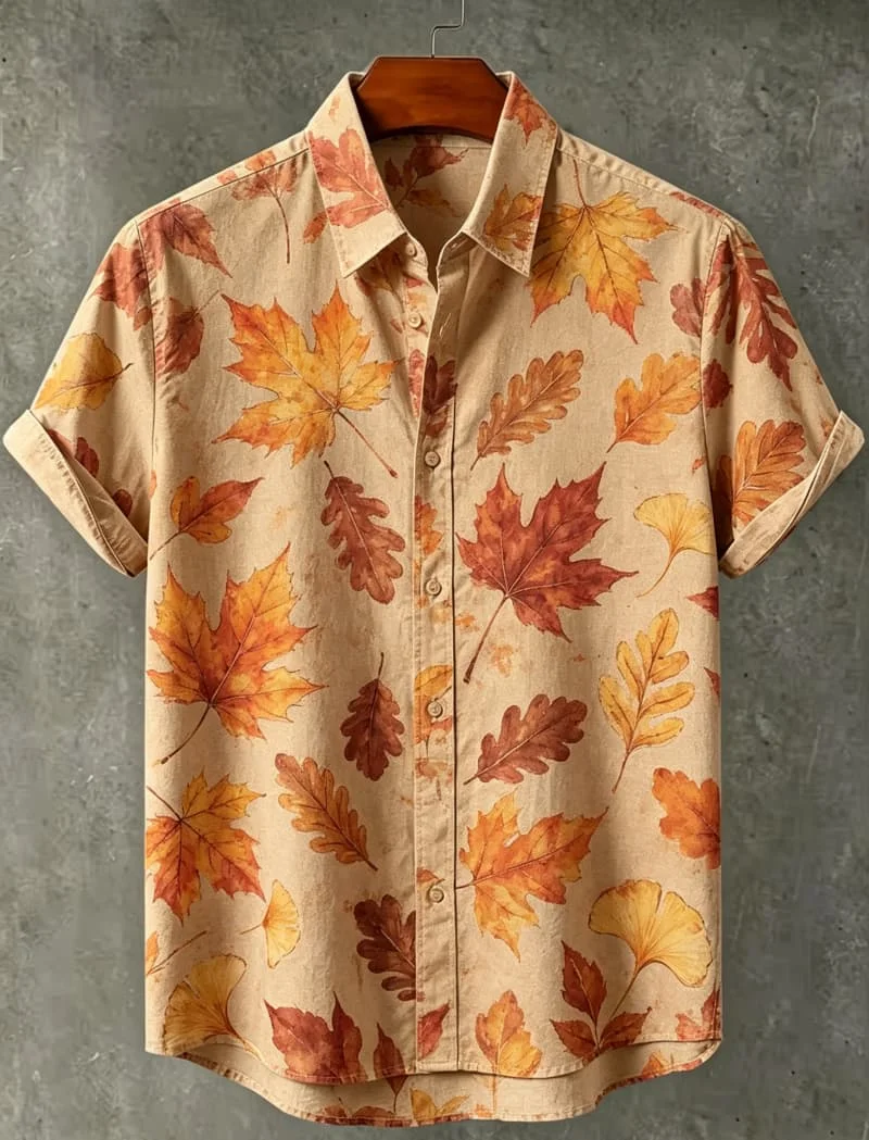 

Men's Forest Plant Printed Vacation Short Sleeved shirt, Suitable For Leisure activities, Street travel, And Warm Vacation Style