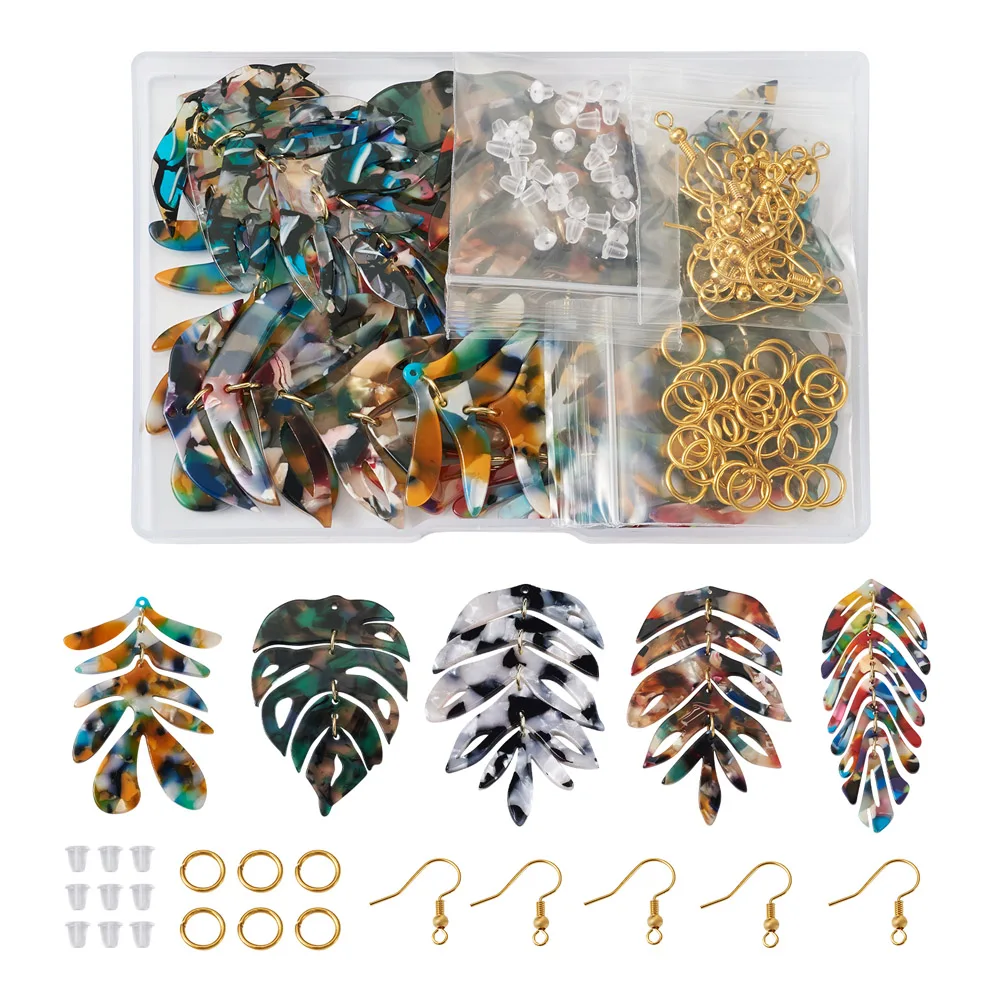 90Pcs/box Cellulose Acetate Resin Monstera Leaf Pendants Earring Hooks for DIY Women Drop Earrings Making Jewelry Kit Accessorie