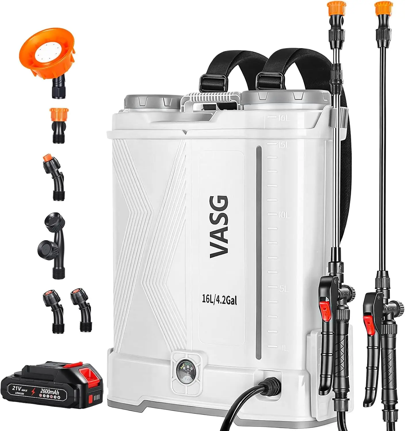 Battery Powered Backpack Sprayer Four Gallon 21V 2.6Ah Electric Weed Pump Sprayer Six Nozzles Telescopic Wand Stainless Steel Pl