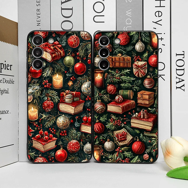 Christmas Decorations Bookshelf Book Print Phone Case for Samsung Galaxy S25 S24+ S23 Ultra S22 Plus S21FE M53 M34 5G Soft Cover