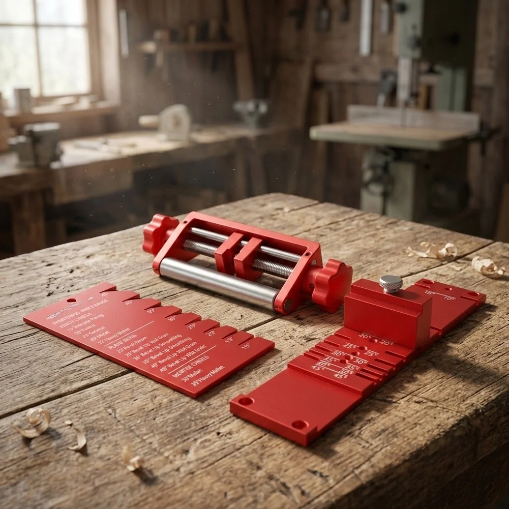 Chisel Honing Guide 14x5x6cm Aluminum Red for Woodworking with Integrated Angle Scale and Adjustable Locking Block