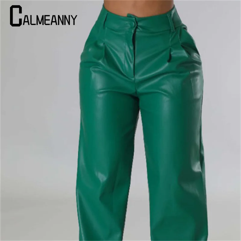 Damskie skórzane spodnie 2025 wiosna jesień nowe jednolite proste codzienne słodkie biurowe eleganckie z wysokim stanem damskie długie szerokie spodnie