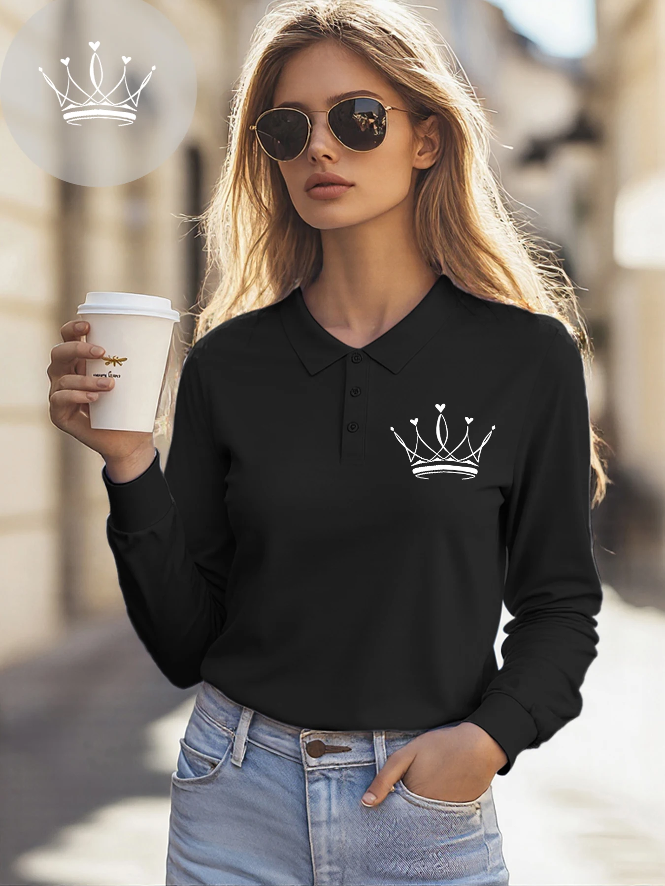 Crown And Heart Simple Printing Women Polo Shirt Autumn Business Tee Shirts Culture All-Match T-Shirt Soft Casual Streetwear