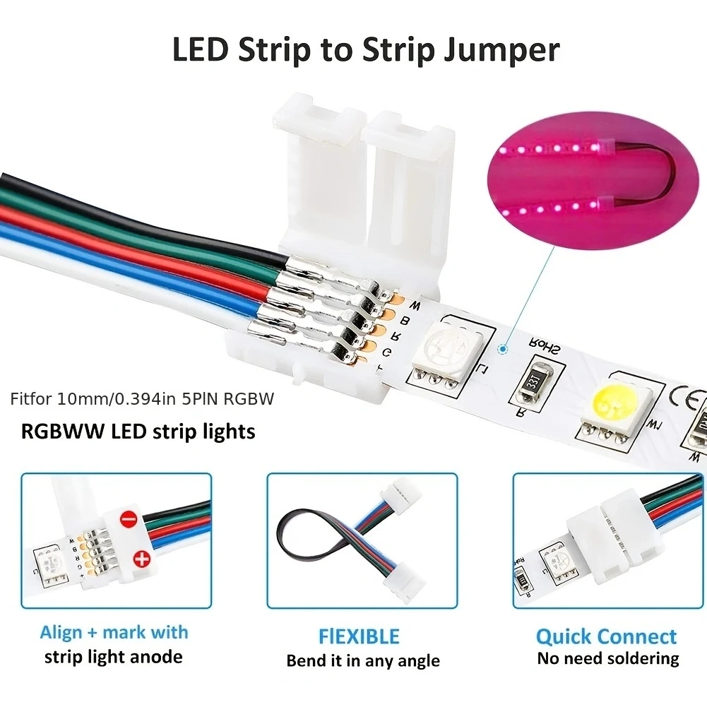 95Pcs LED Strip Connector for 5050 10mm 4Pin L Shape T Shape Solderless Gapless Adapter, 2 Way Splitter