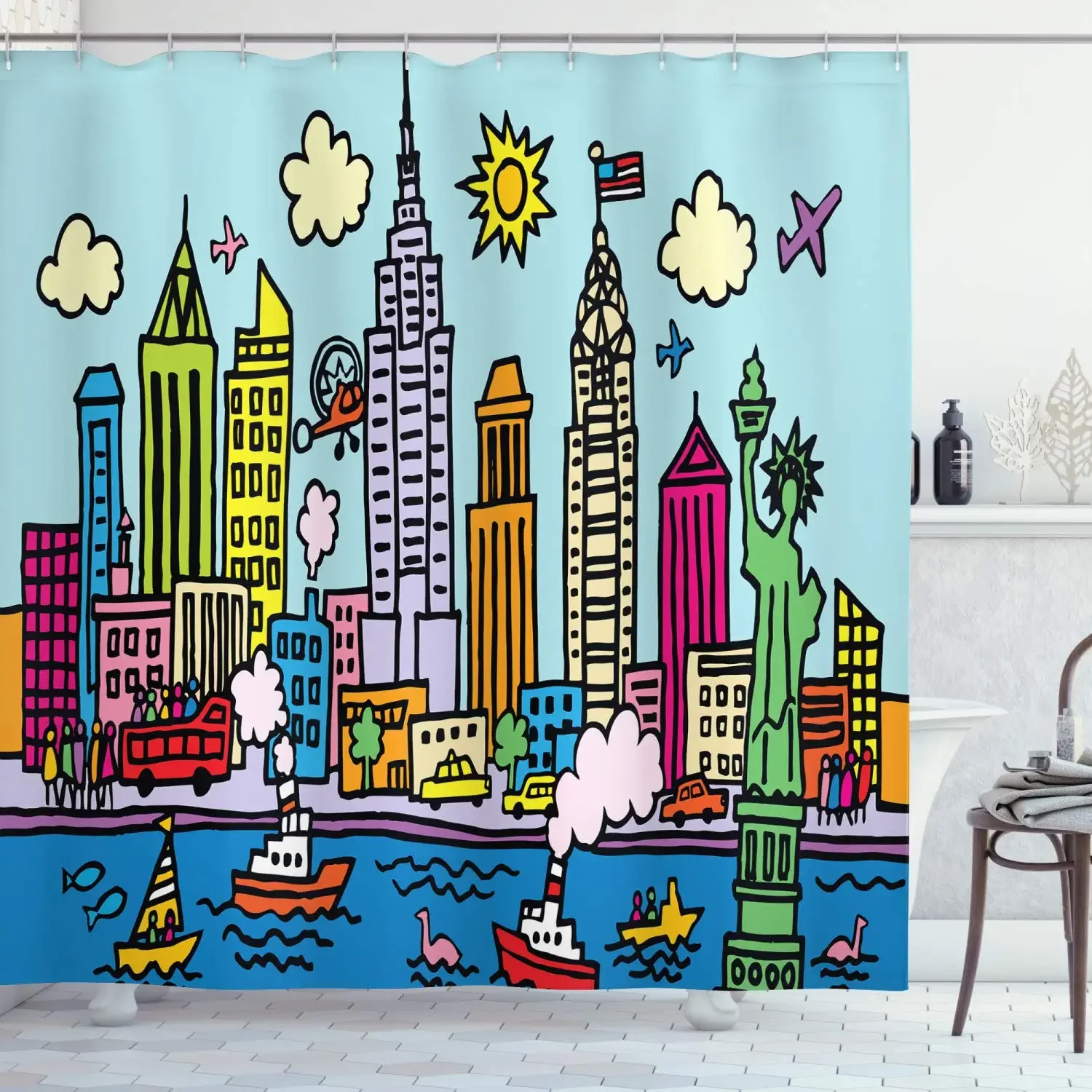 New York City in Cartoon Style Colorful Childlike Drawing Kids Room Nursery Bathroom Decor