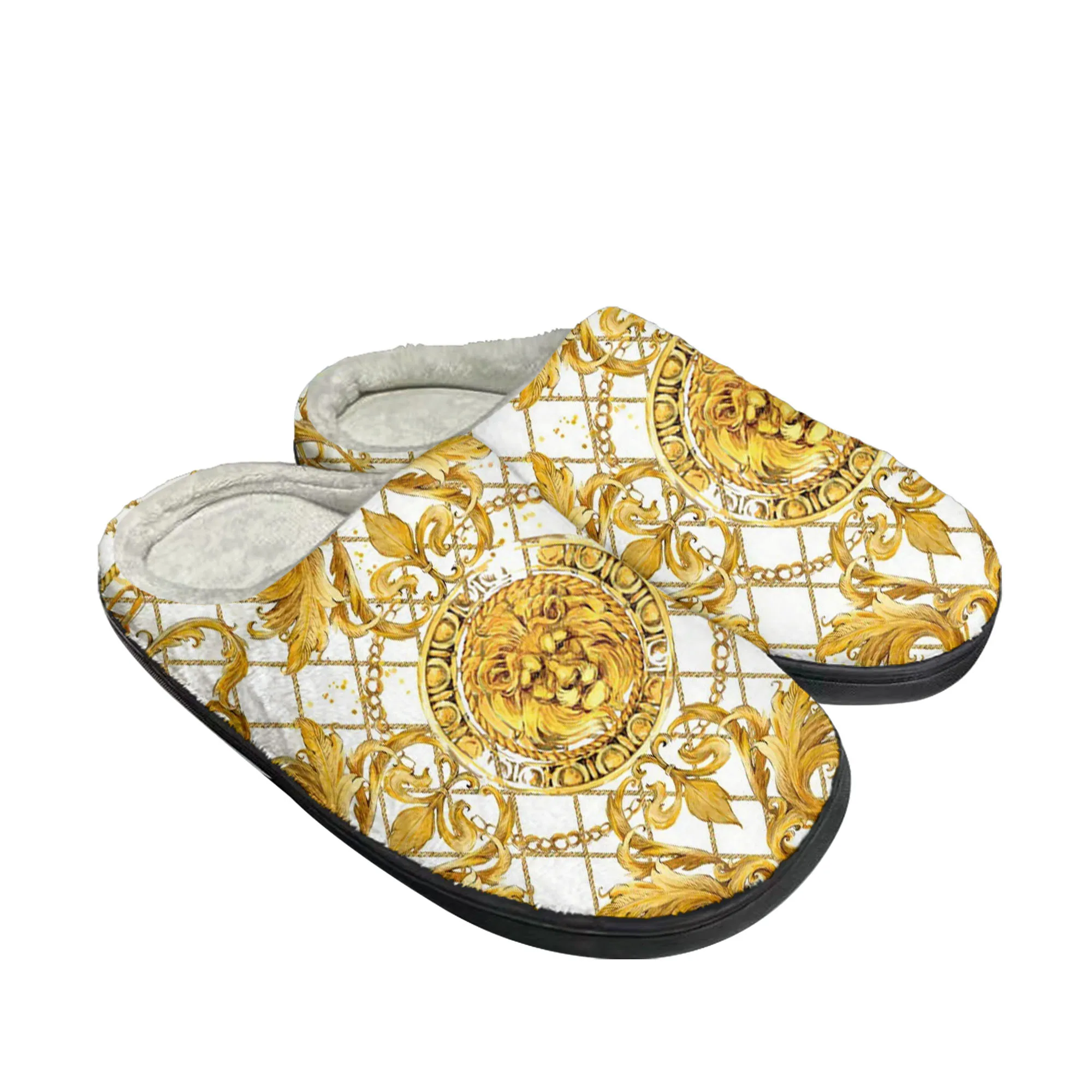 Zapatillas de algodón con estampado Floral dorado para hombre y mujer, zapatos de felpa para el hogar, informales, mantienen el calor, calzado