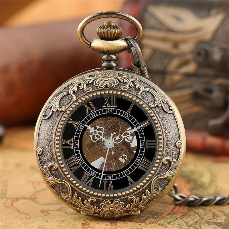 

Bronze Tone See Through Case Steampunk Vintage Style Mechanical Hand Winding Skeleton Pocket Watch for Men Women W/Chain Gift