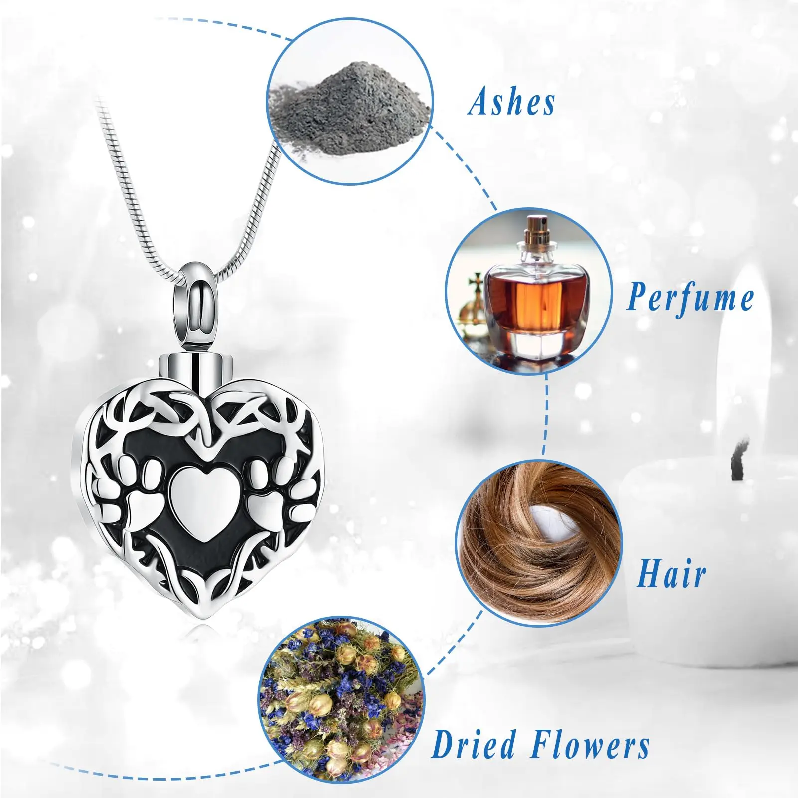 Pet Paw Print Urn Necklace for Dog Cat Ashes Loved One Memorial Keepsake Heart Cremation Jewelry