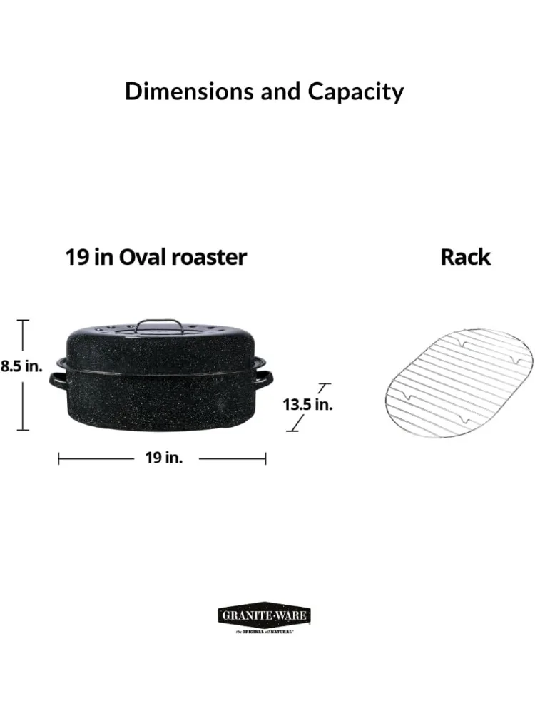 19 inch oval roaster with Lid, Oval Rack included (Speckled Black) - design to accommodate up to 20 lb poultry/roast. Resists