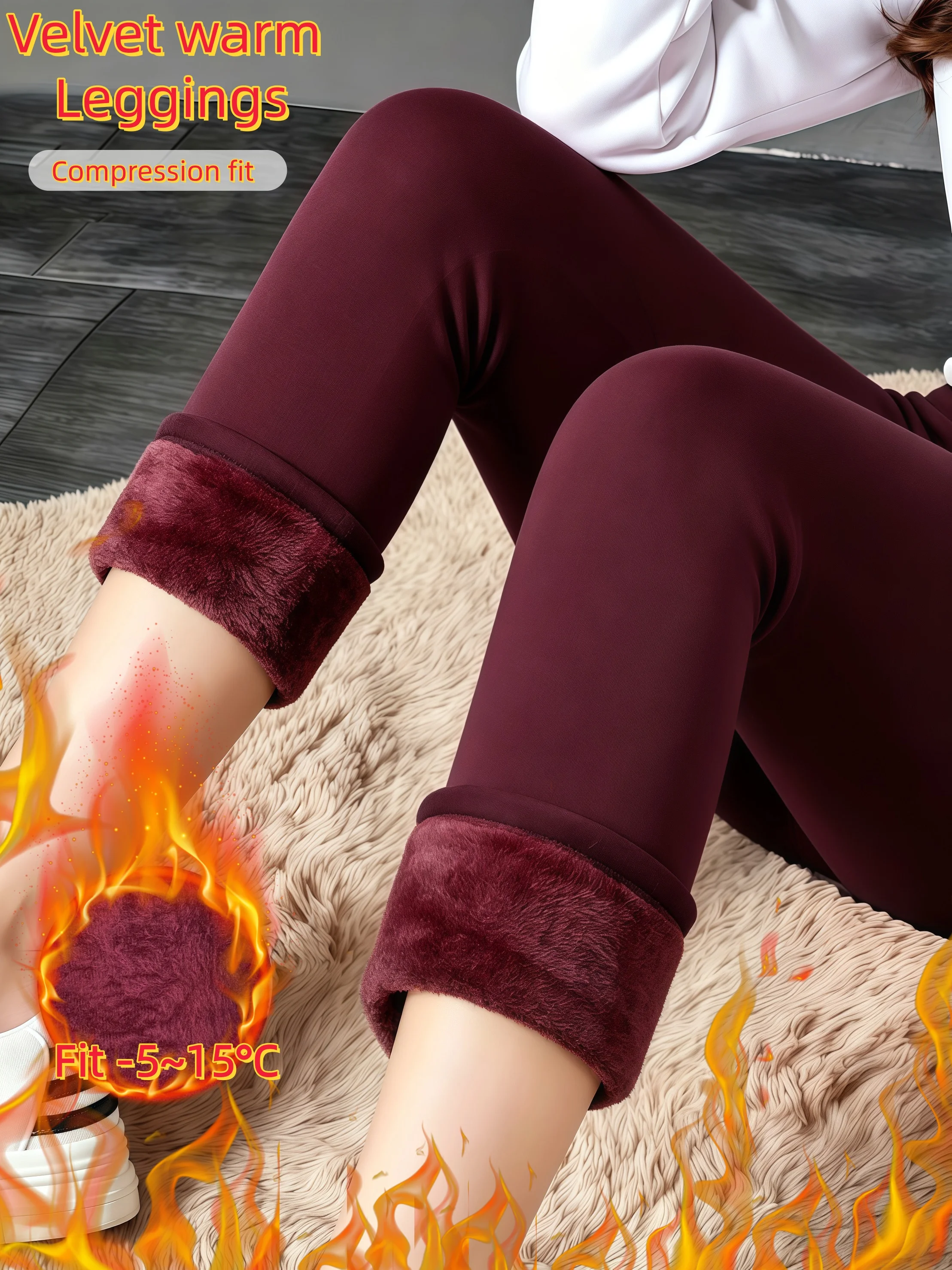 1-Pack Wine Red Pearl Fleece Lined Stirrup Thermal Leggings Soft Stretch Cold Resistant Warm Trousers for Winter Outings
