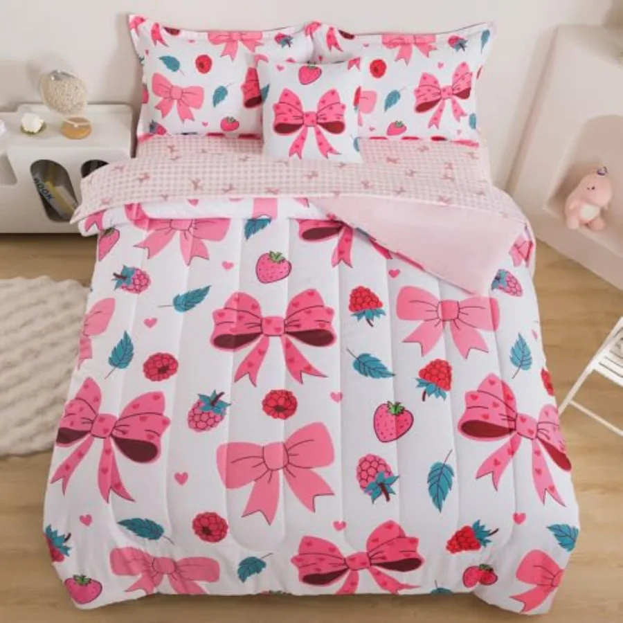 Bow Comforter Set Size Pink Bow Bedding Sets for Girls 6 Pieces Cute Strawberry Bed in A Bag Comforter with Ribbon Sheets Kawai