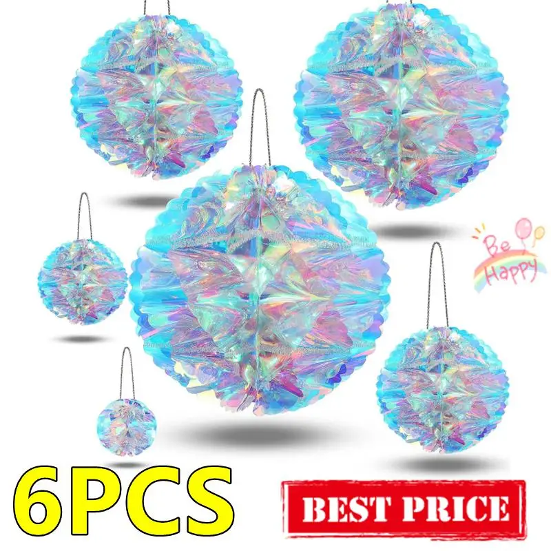 6PCS Christmas Iridescent Honeycomb Ball Hanging Ornaments DIY Party Ornaments Backdrop Wedding Birthday Xmas Party Decorations