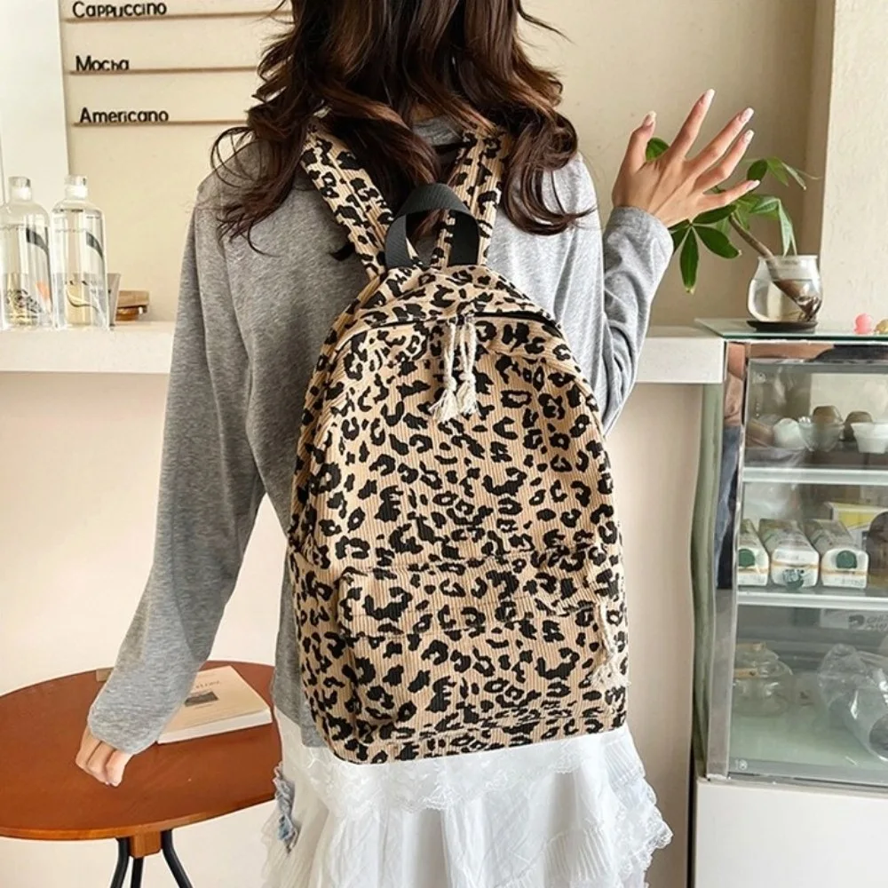 Corduroy Leopard Print Backpack Harajuku Ulzzang Students School Bag Adjustable Shoulder Straps Large Capacity Students Daypack