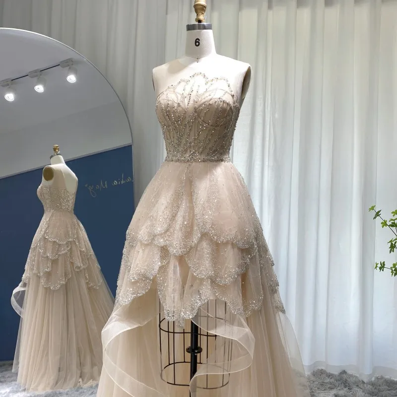 شارون سعيد فاخر دبي الشمبانيا ارتفاع منخفض فستان سهرة متدرج قصير الجبهة طويل الظهر العربية حفلة موسيقية رداء حفلات SS249 مخصص