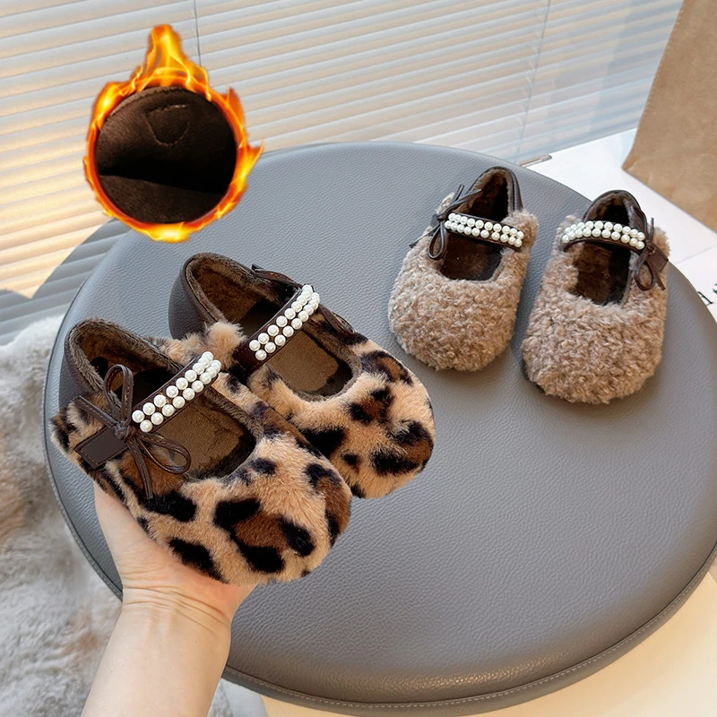 الفتيات الفراء أحذية ليوبارد القوس اللؤلؤ طفل أحذية قطنية 2-16 سنة الكاكي شقة عدم الانزلاق الأطفال ماري جين أحذية الفتيات أحذية أطفال طويلة الرقبة #1