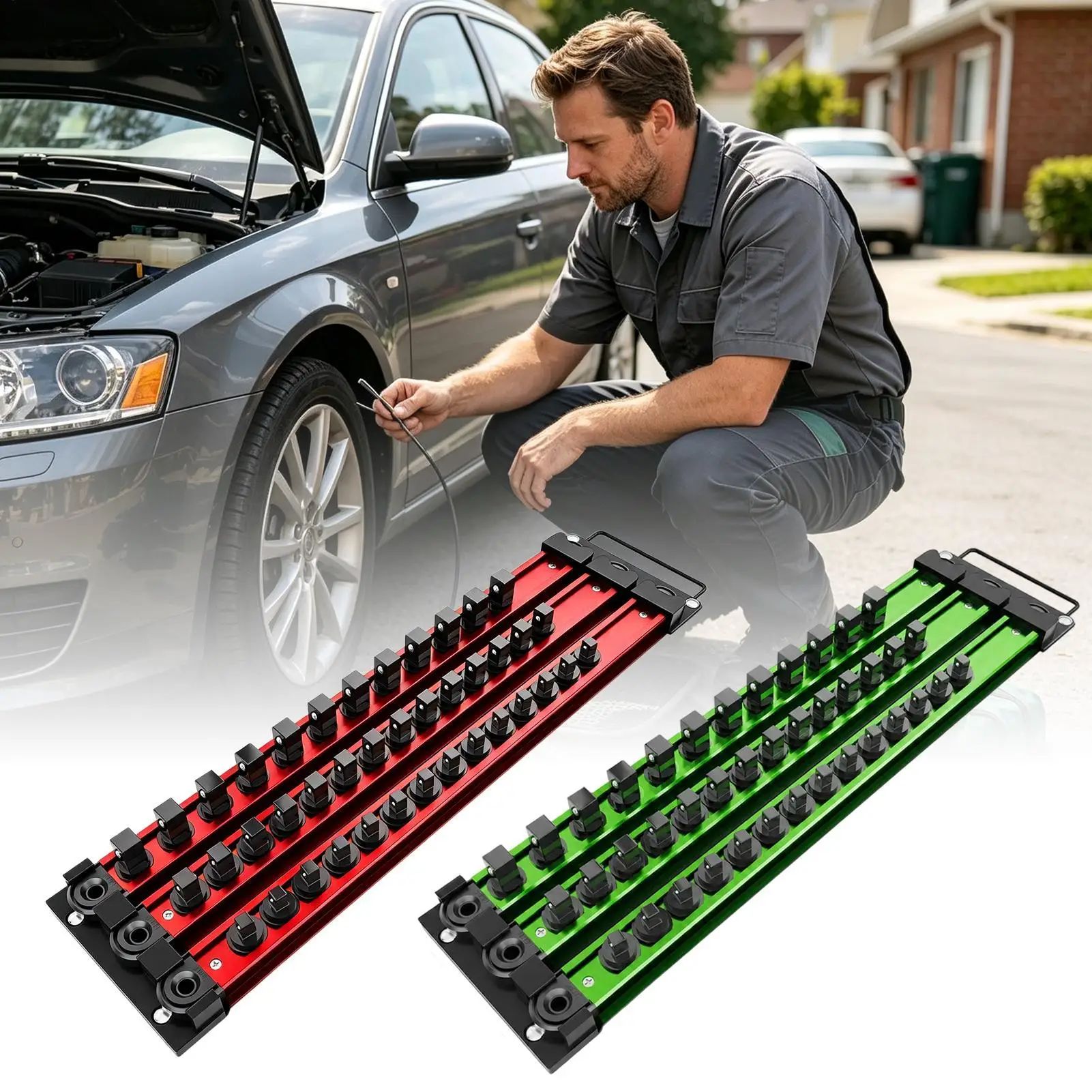 Socket Storage Organizer 40-Clip Magnetic Tool Organization Rail Socket Organizer Rack for Garage Basement Toolhouse Workshop