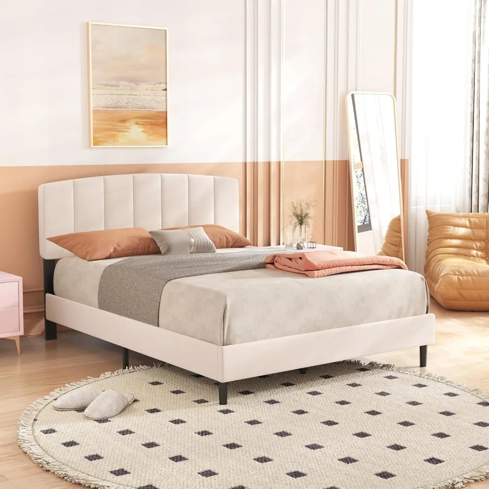 إطار سرير منجد بحجم كوين من alazyhome مع لوح رأسي منجد مخملي وشرائح خشبية تدعم بدون صندوق زنبركي N
