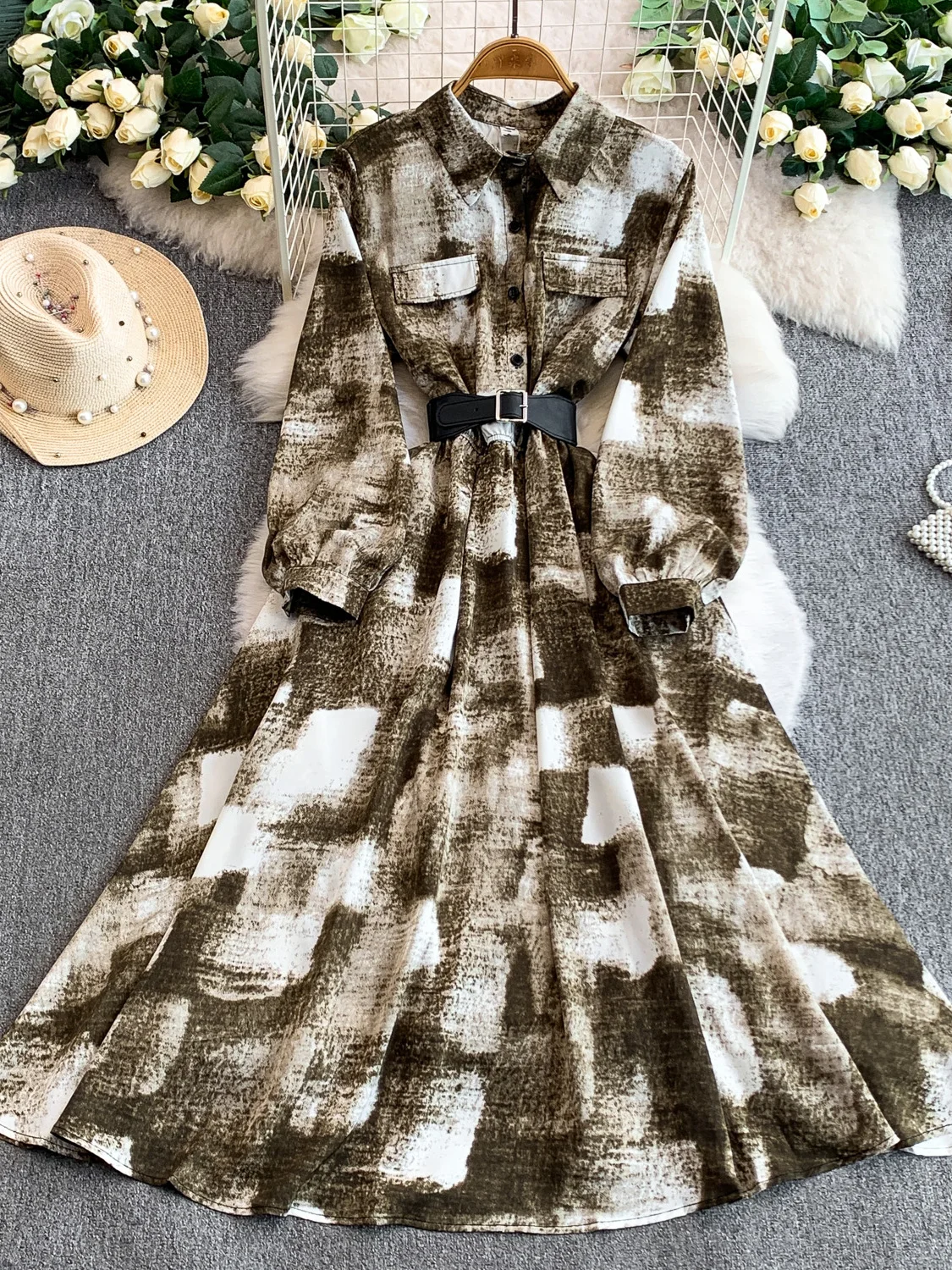 Rétro imprimé fleuri col rabattu longue Dr femmes automne hiver simple bouton minceur jupe complète Dr a-ligne Silhouette